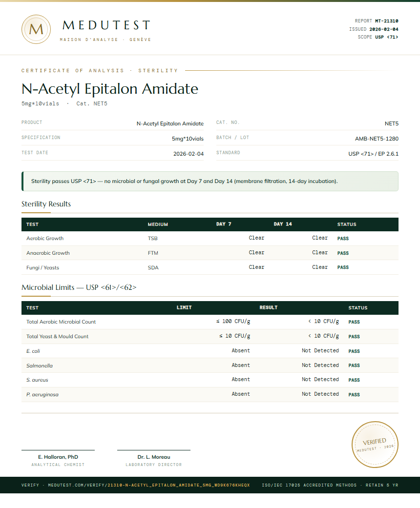 N-Acetyl Epitalon Amidate Sterility report by Medutest