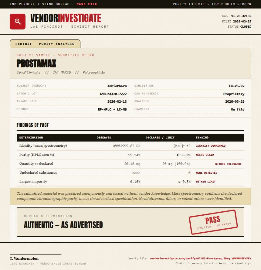 Prostamax Purity (HPLC) report by VendorInvestigate