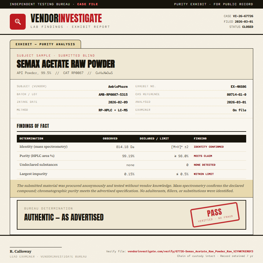 Semax Acetate Raw Powder Purity (HPLC) report by VendorInvestigate