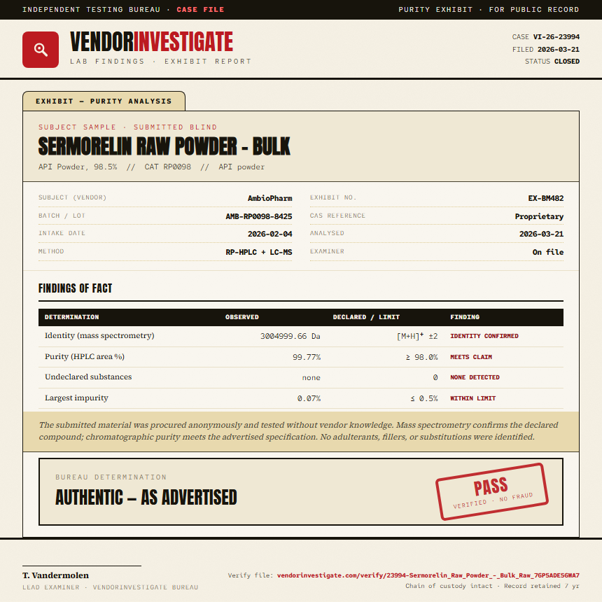 Sermorelin Raw Powder - Bulk Purity (HPLC) report by VendorInvestigate