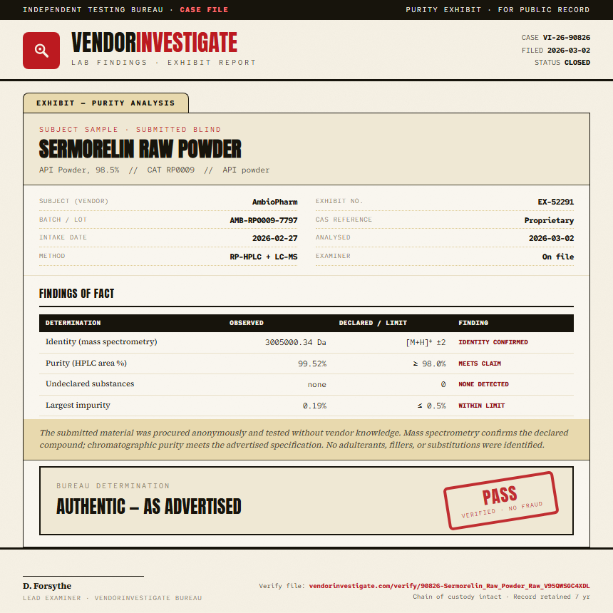 Sermorelin Raw Powder Purity (HPLC) report by VendorInvestigate