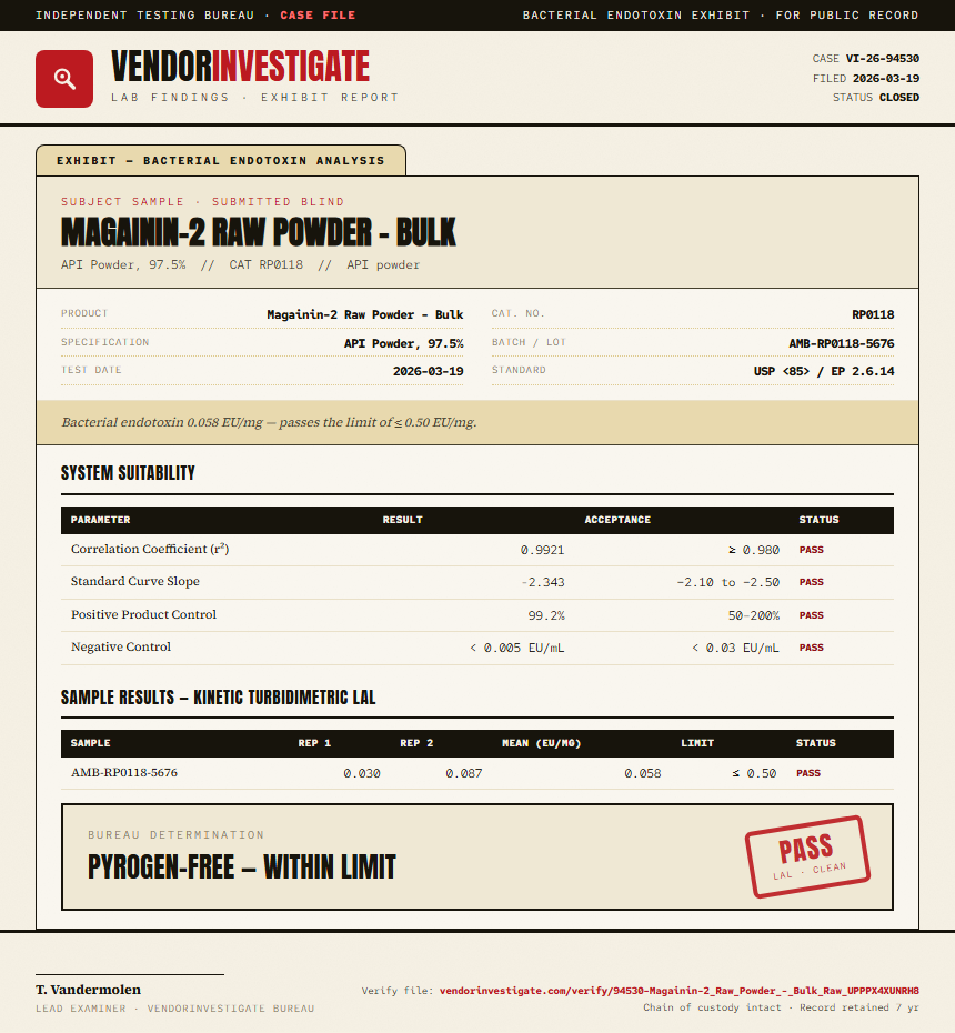 Magainin-2 Raw Powder - Bulk Endotoxin report by VendorInvestigate
