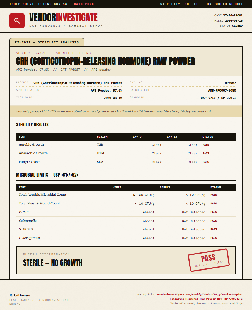 CRH (Corticotropin-Releasing Hormone) Raw Powder Sterility report by VendorInvestigate